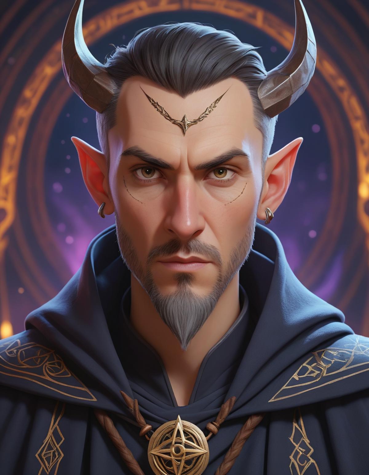 A fantasy portrait of a man with pointy ears and wizard robes. Magical symbols and runes adorn his background.